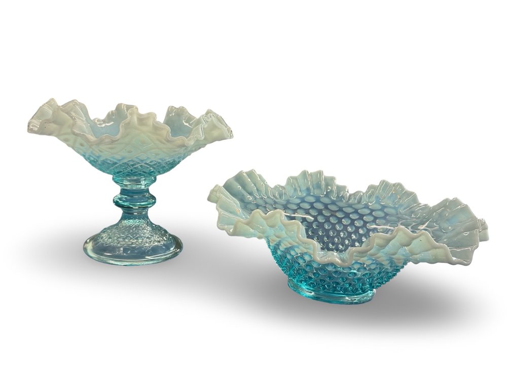 Vintage Blue Opalescent Glass Ruffled Compote & Bowl