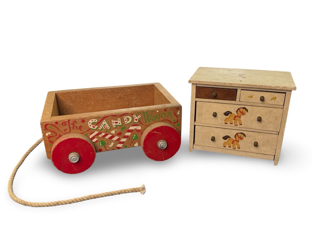 Doll Sized Toy Dresser and Wooden Candy Wagon
