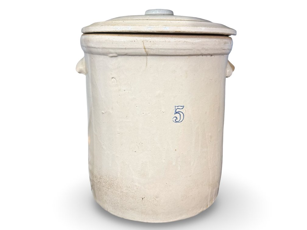 Stoneware Crock with Lid, Cobalt Blue “5”
