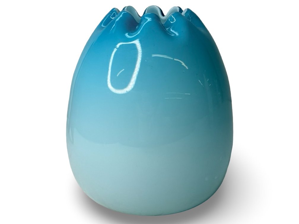 Gradient Turquoise Blue Cased Glass Ruffled Vase