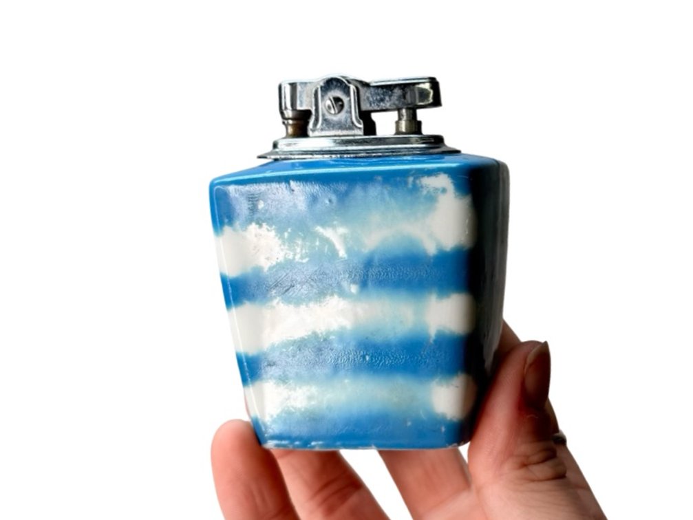 Blue and White Striped Ceramic Table Lighter