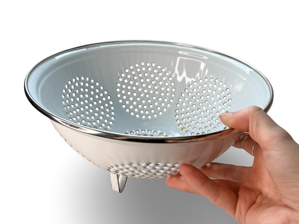 White Enamelware Colander and Steamer Insert