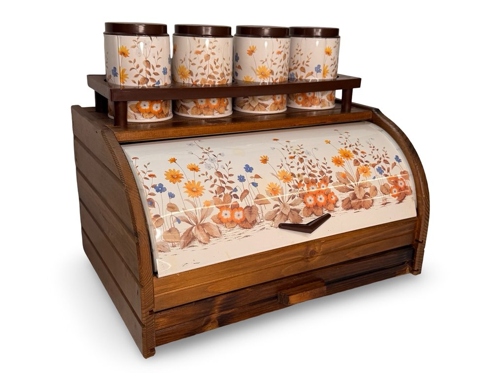 Wooden Bread Box with Four Canisters and Drawer