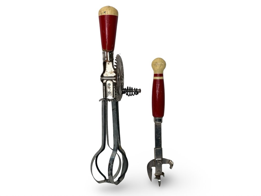 Rotary Egg Beater and Can Opener with Painted Wood Handles
