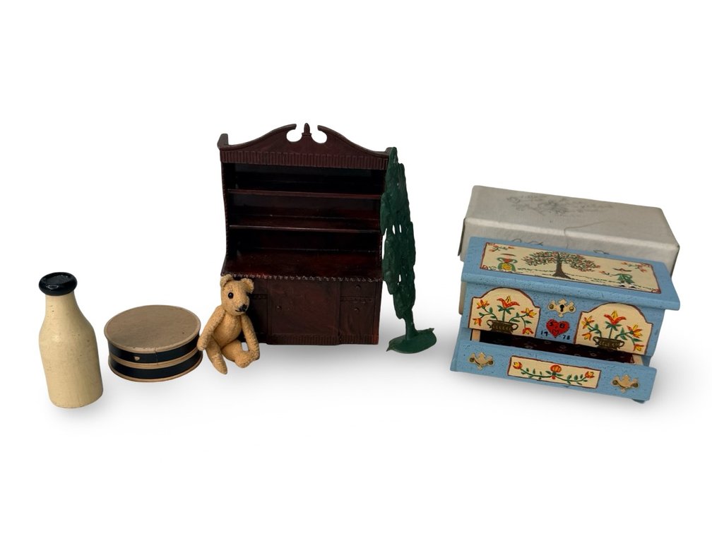 Dollhouse Miniature Chest, Hutch, Teddy Bear, and More
