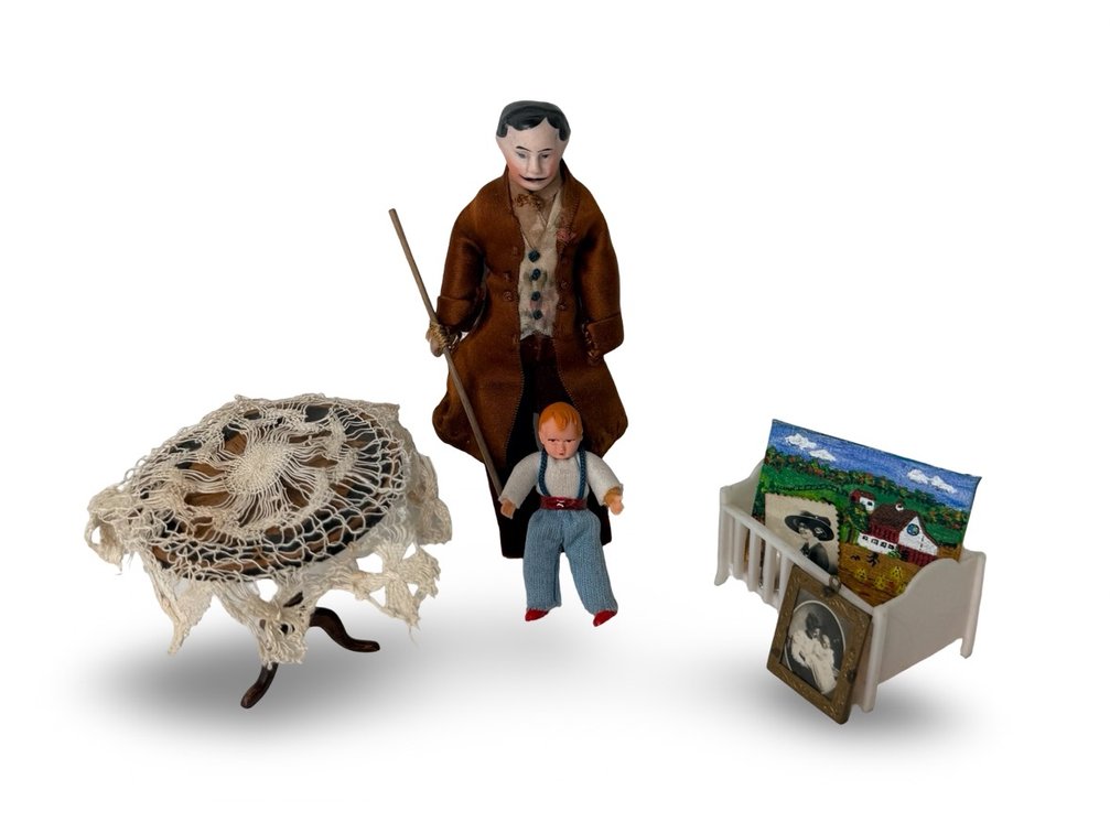 Dollhouse Miniature Dolls, Inlaid Table, and Accessories