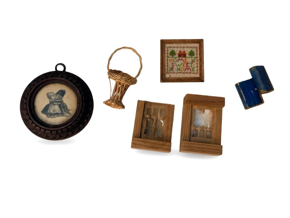 Dollhouse Miniatures with Framed Art, Windows, and Basket