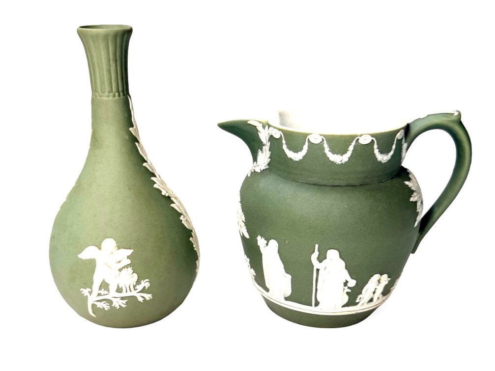 Wedgwood Green Jasperware Vase and Pitcher