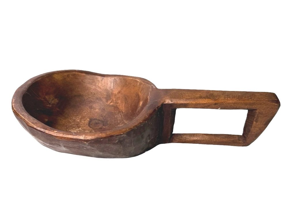 Hand-Carved Dark Wood Serving Ladle with Cutout Handle