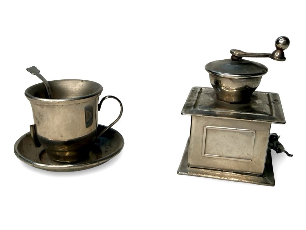 Miniature Coffee Grinder, Cup and Saucer Set, and Tape Measure