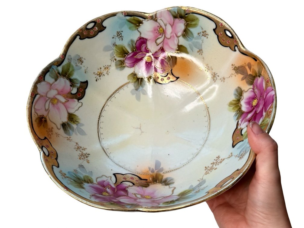Nippon Hand-Painted Porcelain Scalloped Floral Bowl