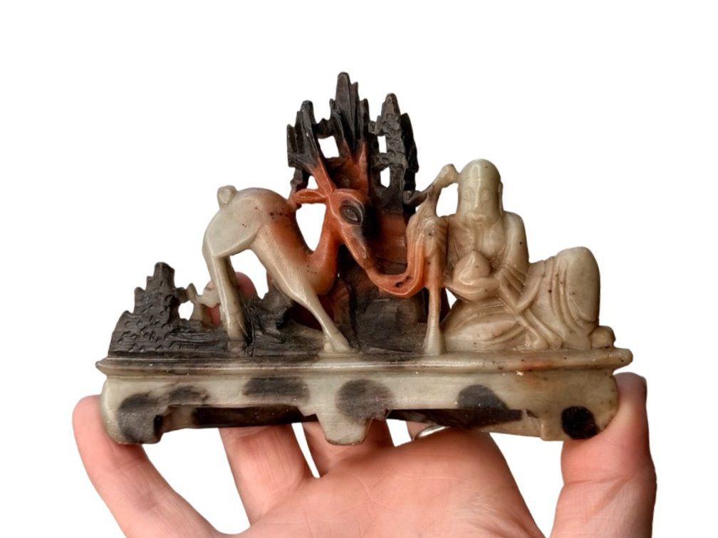 Carved Multicolor Stone Shoulao and Deer Sculpture