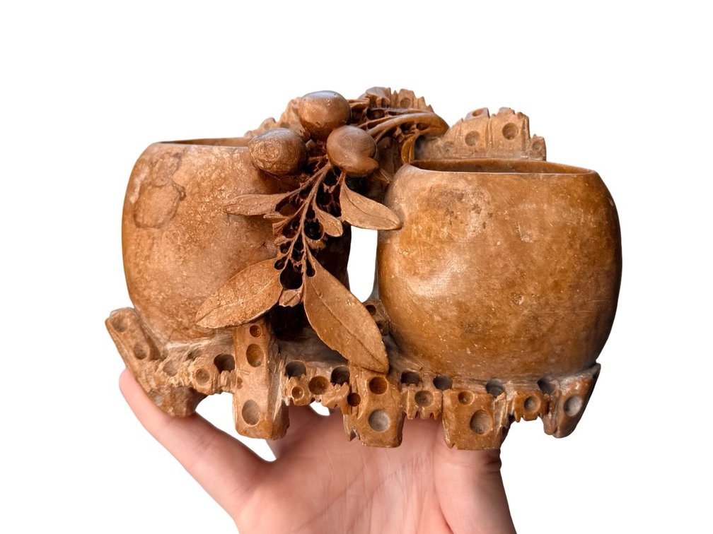 Carved Stone Double Vessel with Foliage and Fruit