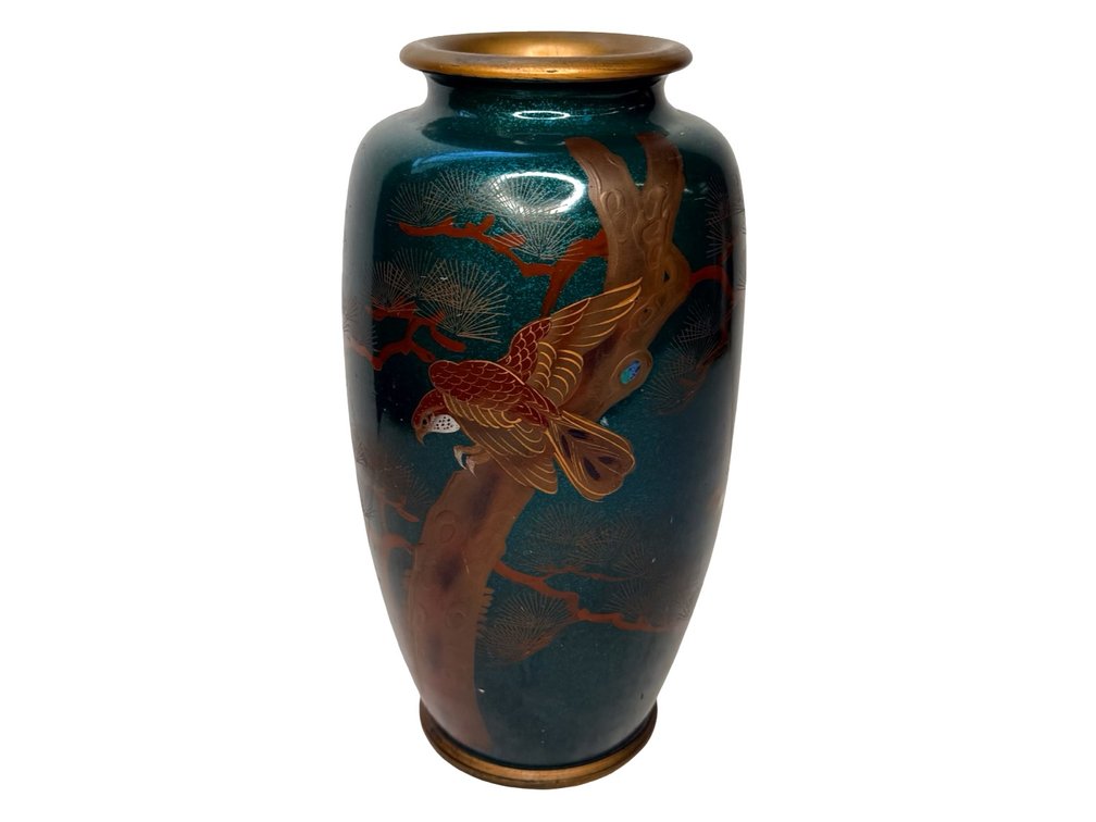 Enameled Ceramic Vase with Bird and Pine Tree Motif