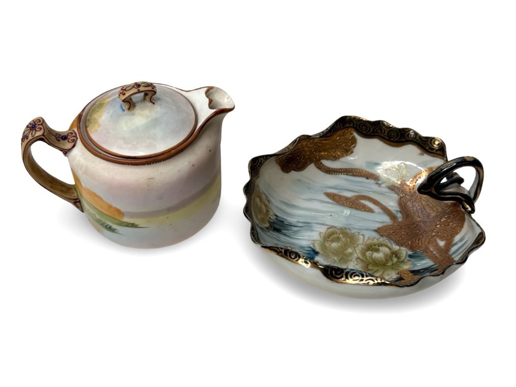 Hand-Painted Porcelain Covered Creamer and Handled Dish