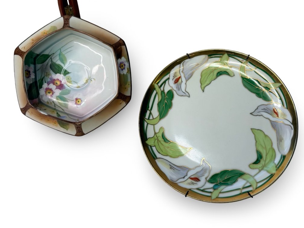 Hand-Painted Porcelain Plate and Hexagonal Bowl
