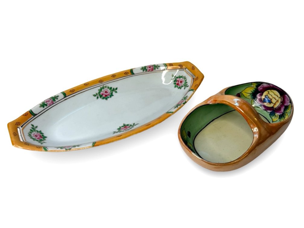 Porcelain Relish Dish and Divided Lusterware Basket Dish