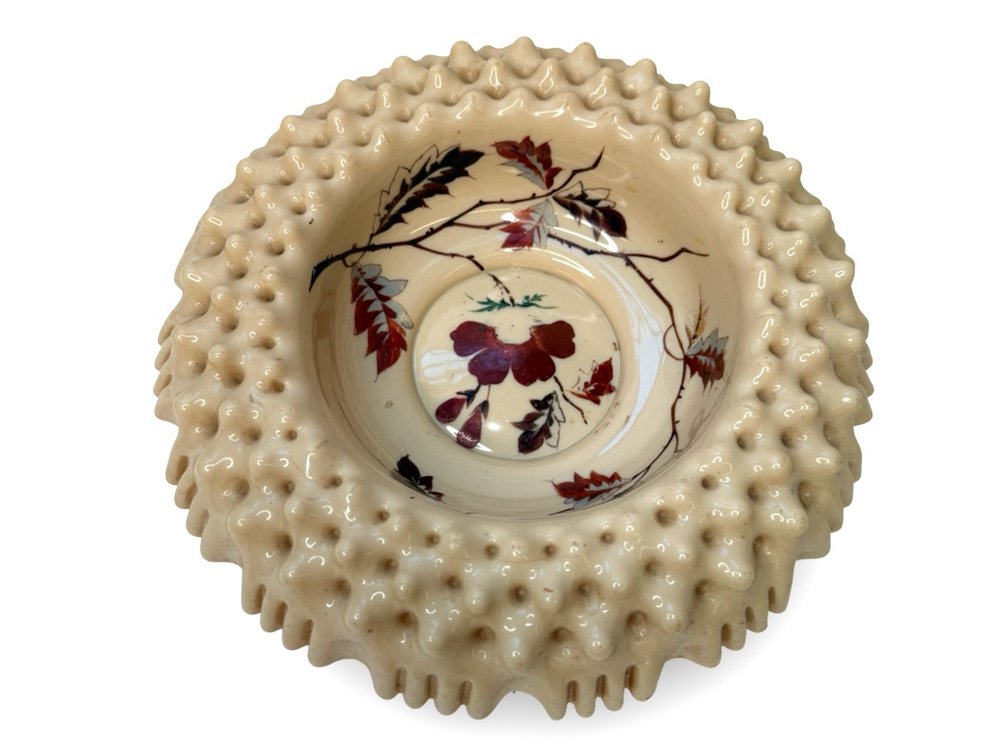 Hand-Painted Opaque Glass Ruffled Hobnail Bowl