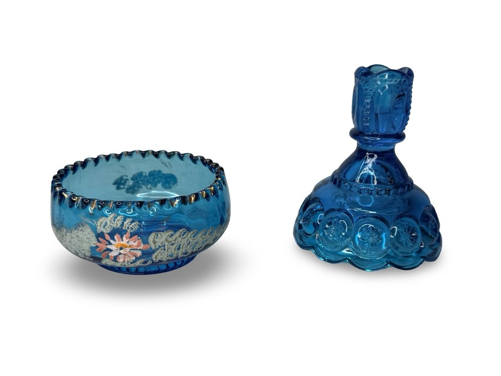Blue Glass Footed Bowl and Moon and Star Candlestick