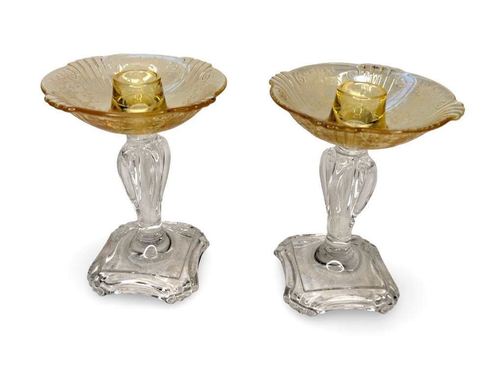 Pair of Etched Amber and Clear Glass Candlesticks