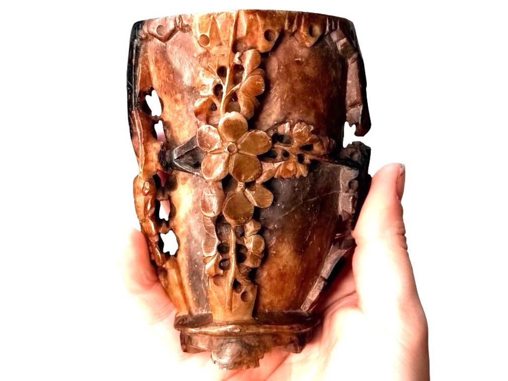 Carved Mottled Stone Floral Vessel