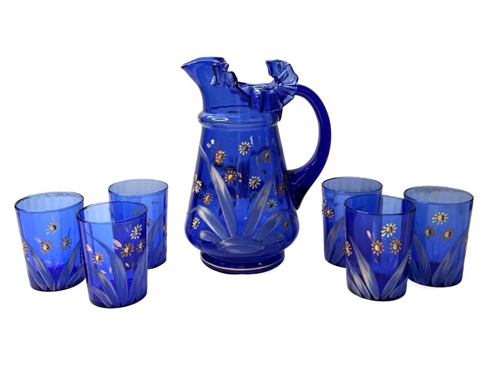 Hand-painted Glass Pitcher and Tumbler Set