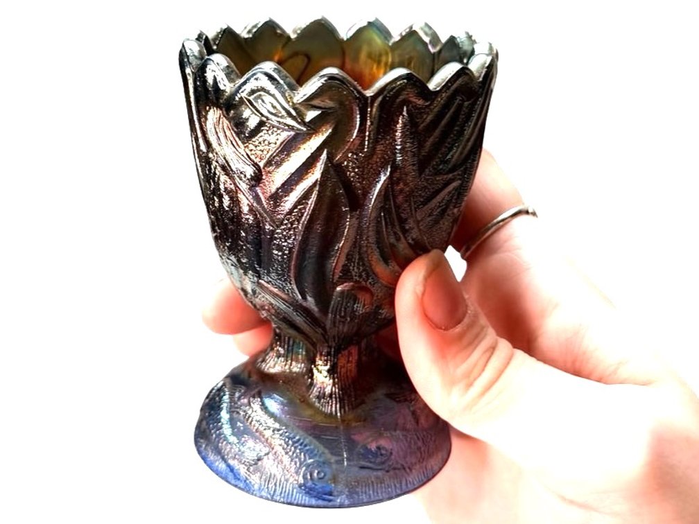 Iridescent Carnival Glass Footed Cup with Heron Motif