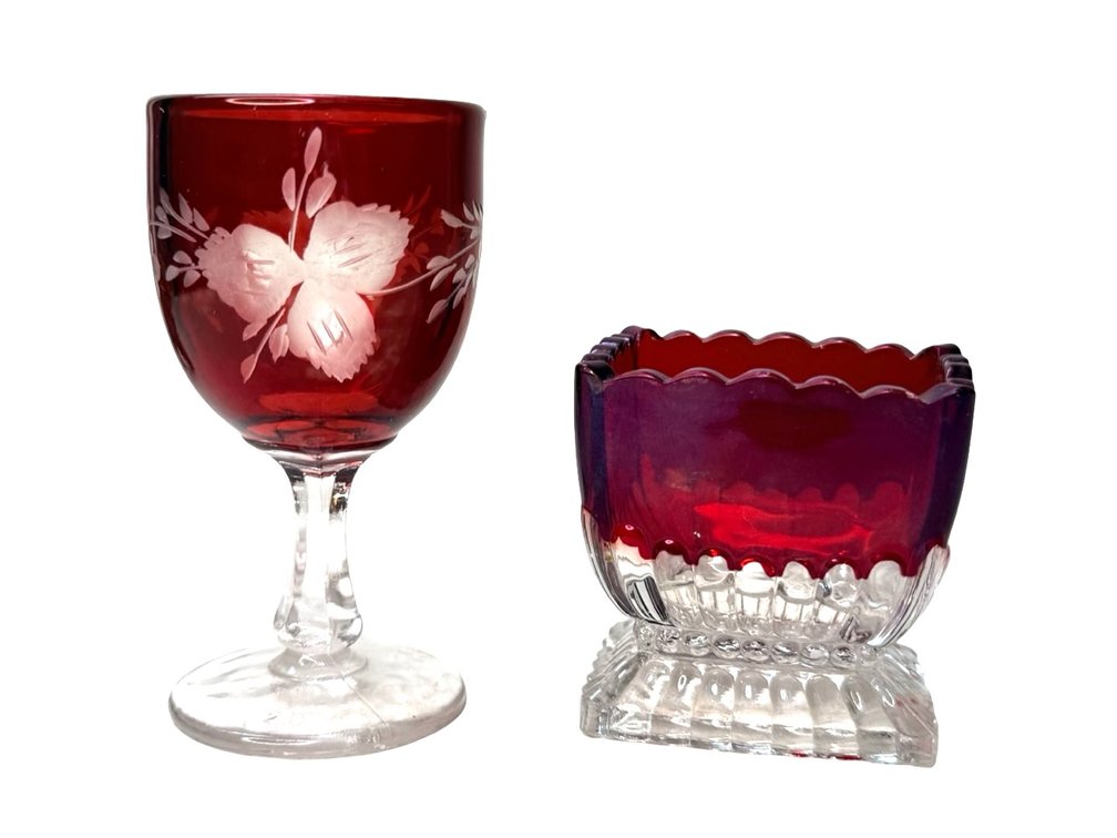 Ruby-Stained Glass Cordial and Footed Toothpick Holder
