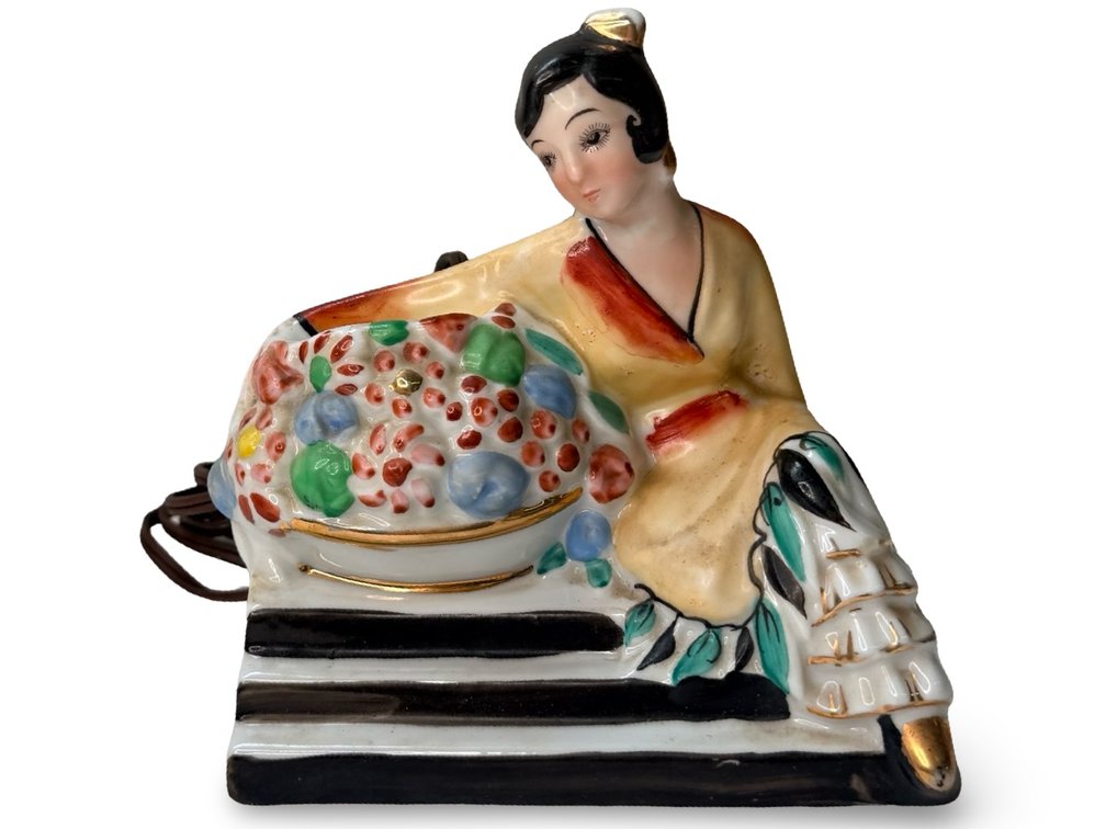 Glazed Ceramic Seated Woman Figurine Lamp