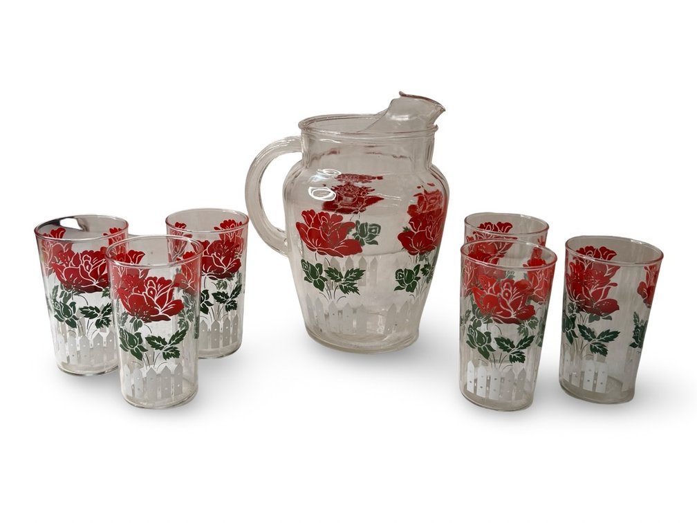 Glass Pitcher and Tumbler Set with Rose and Fence Motif