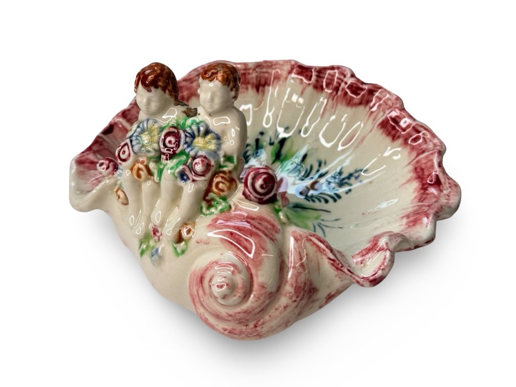 Glazed Ceramic Shell-Form Bowl with Cherubs