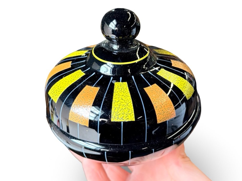Black Glass Lidded Dish with Geometric Design