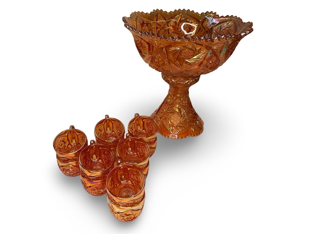 Marigold Carnival Glass Punch Bowl Set with Cups