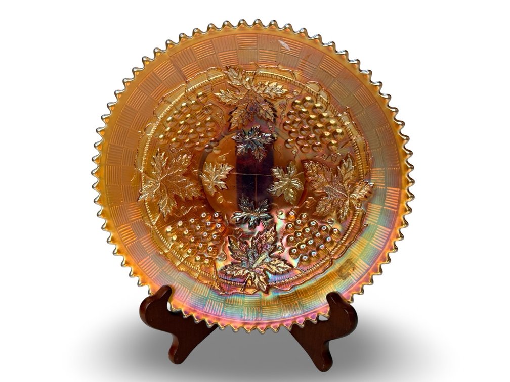 Marigold Carnival Glass Plate with Display Stand