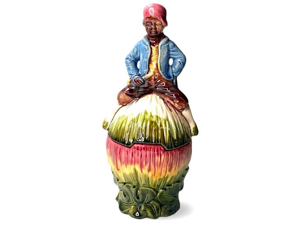Majolica Figural Boy Lidded Ceramic Jar