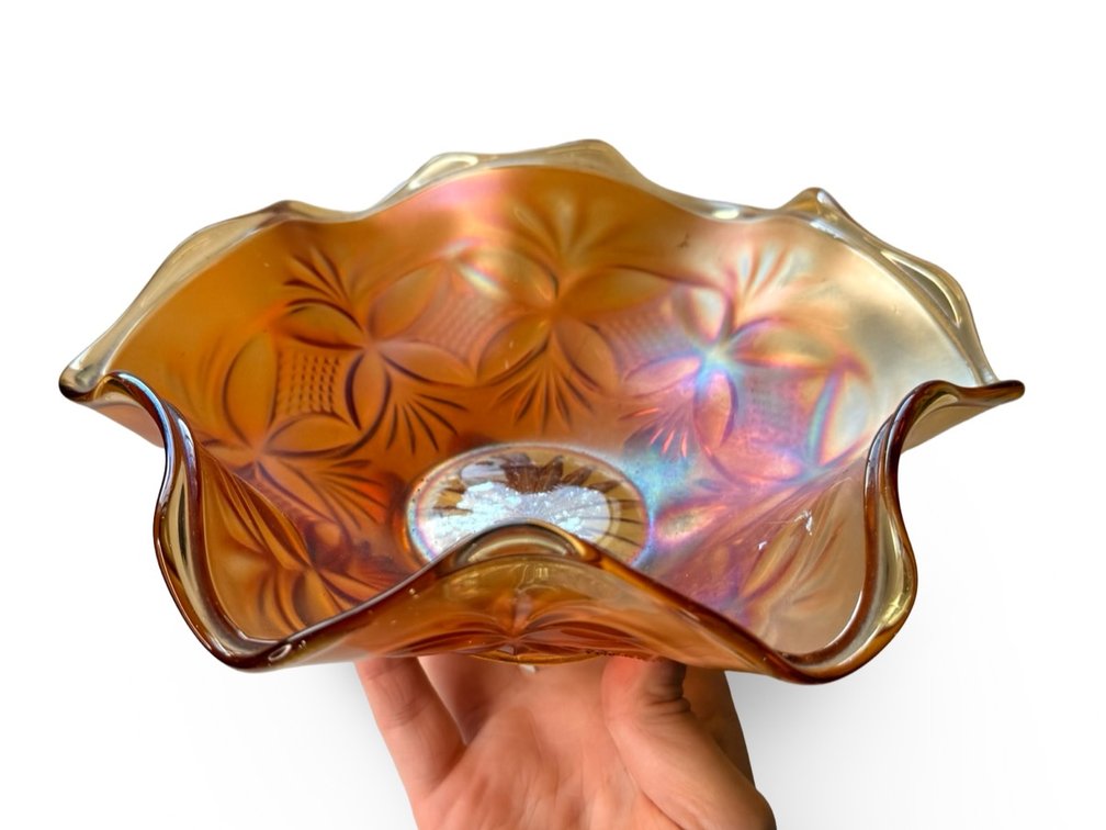 Marigold Iridescent Carnival Glass Ruffled Bowl