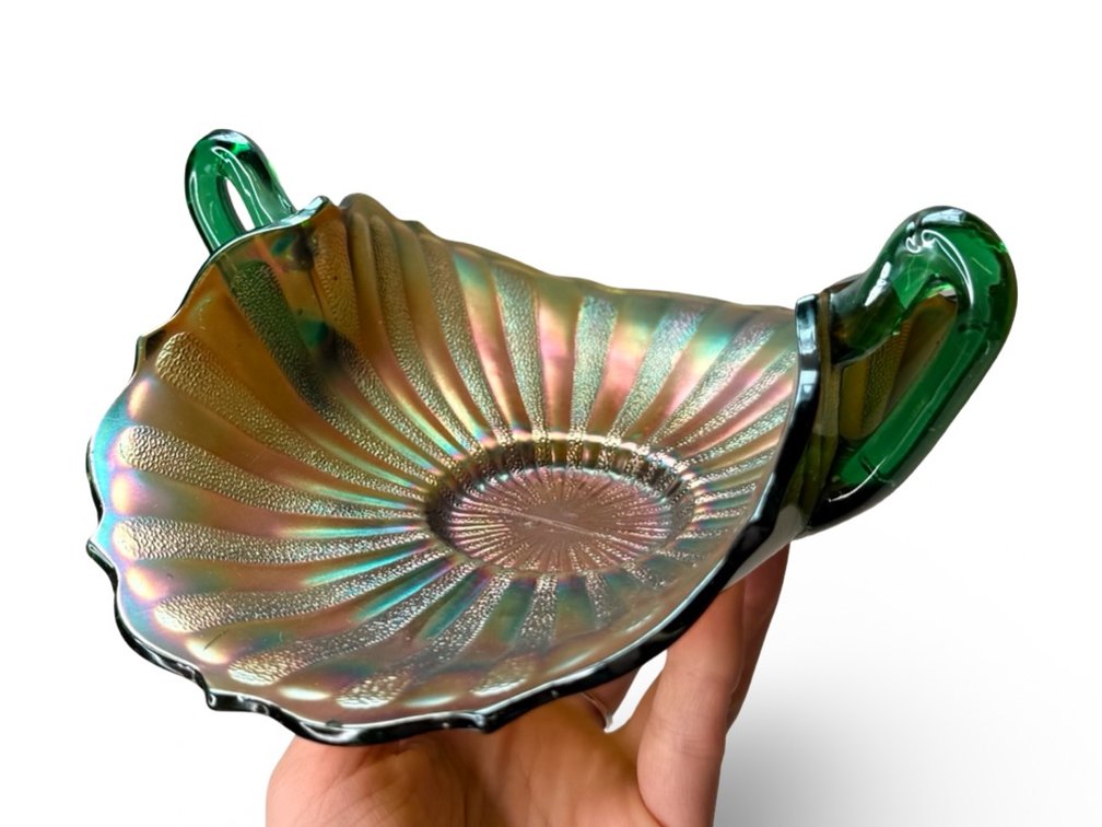 Green Carnival Glass Two-Handled Bonbon Dish