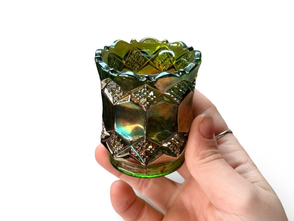 Green Iridescent Carnival Glass Toothpick Holder