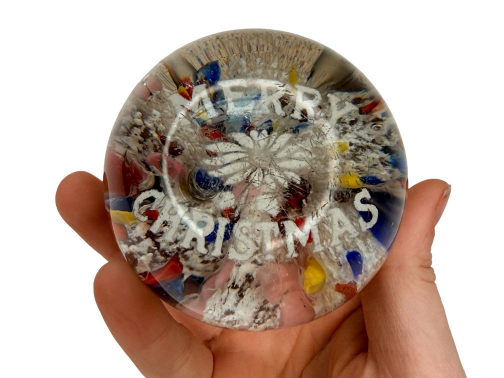 Clear Art Glass Merry Christmas Paperweight