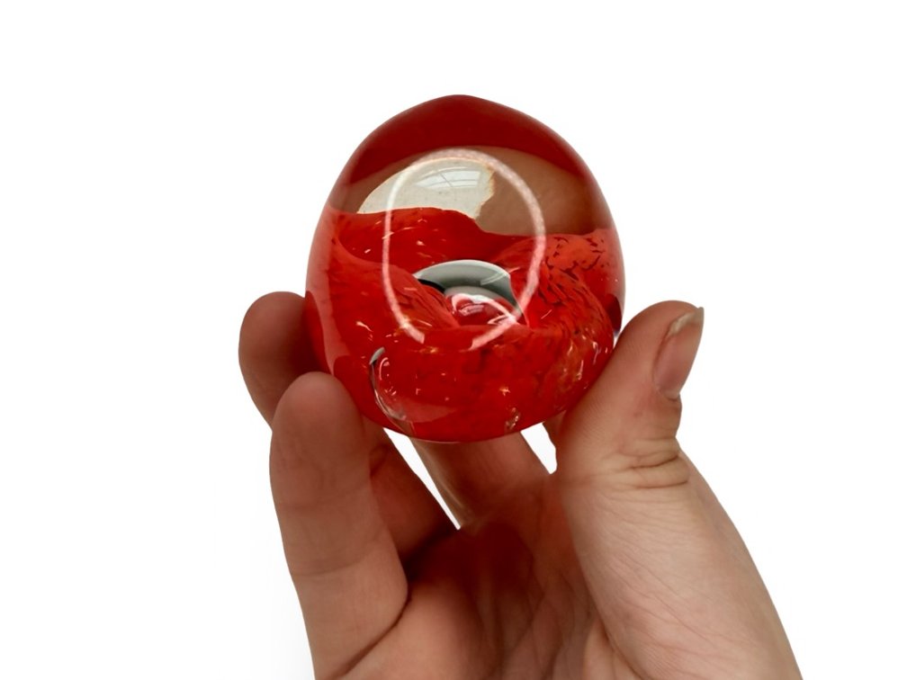 Swirled Red and Clear Art Glass Egg Paperweight