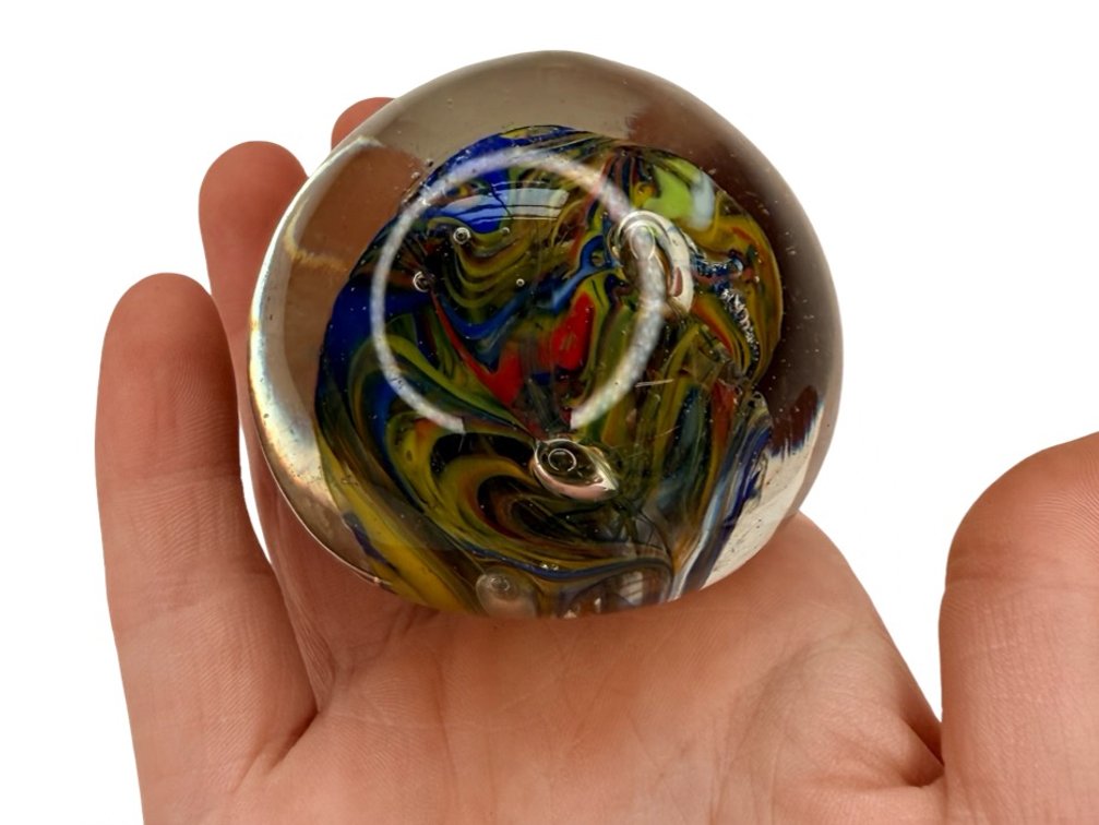 Clear Glass Paperweight with Multicolored Swirls