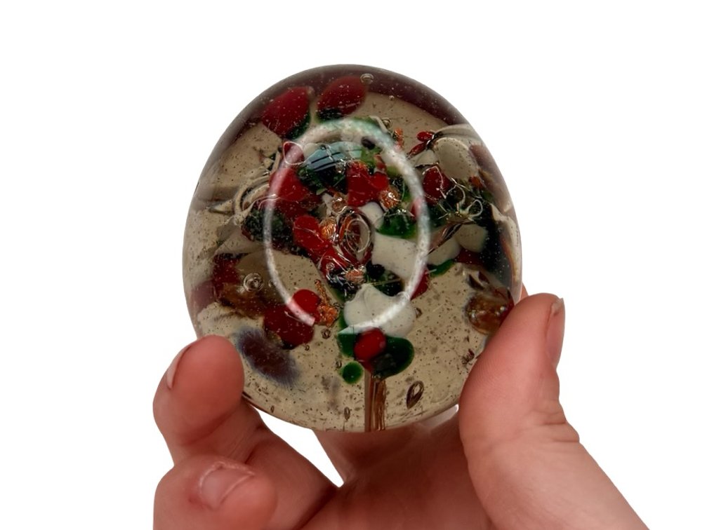 Art Glass Domed Paperweight with Red and Green Inclusions