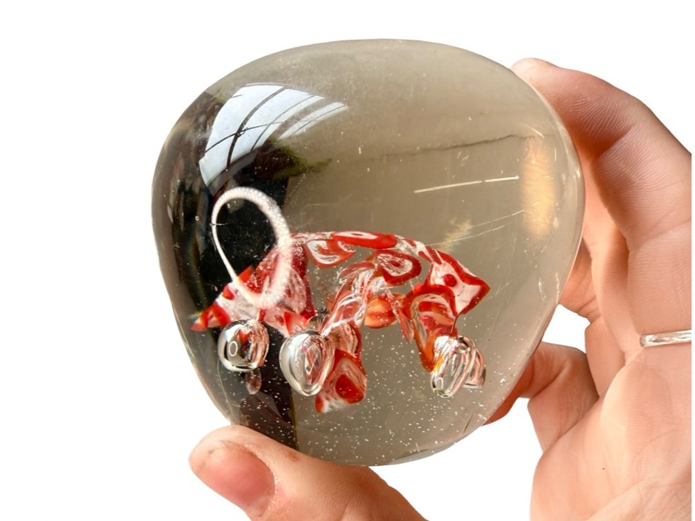 Clear Art Glass Paperweight with Red and White Canes