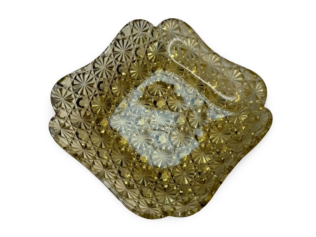 Amber Pressed Glass Scalloped Starburst Dish