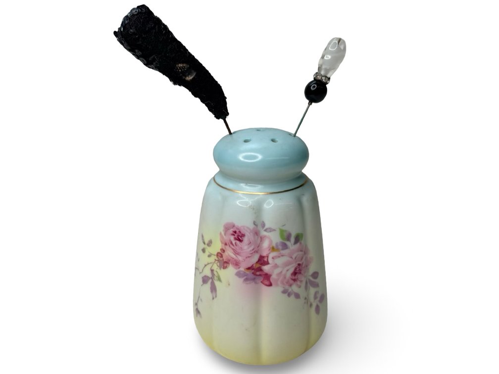 Porcelain Hatpin Holder with Two Hatpins