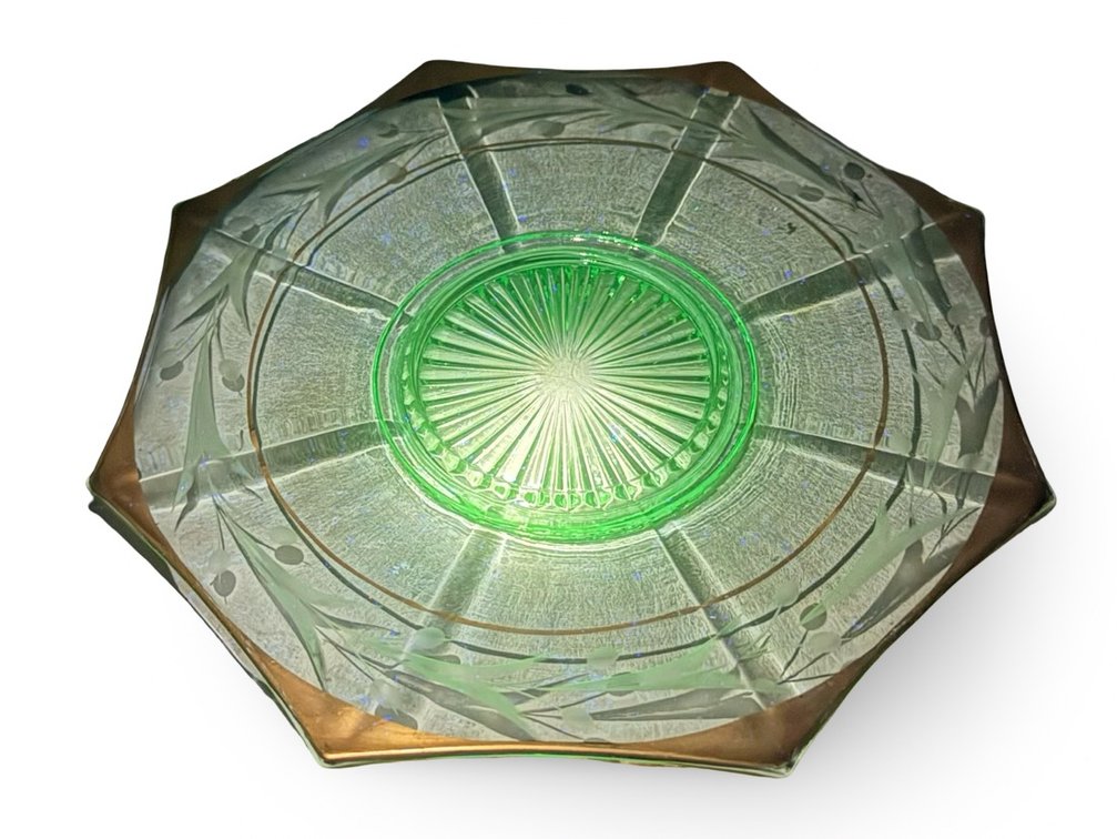 Octagonal Etched Green Glass Dish with Gold Trim