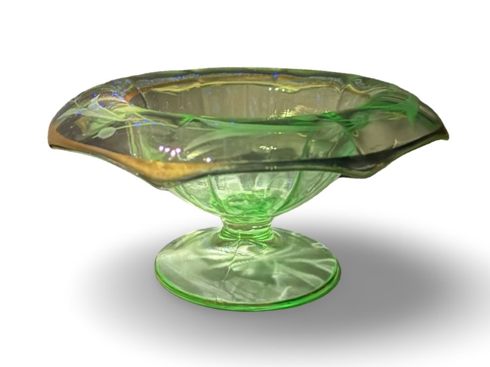 Etched Green Glass Footed Compote with Gilt Trim