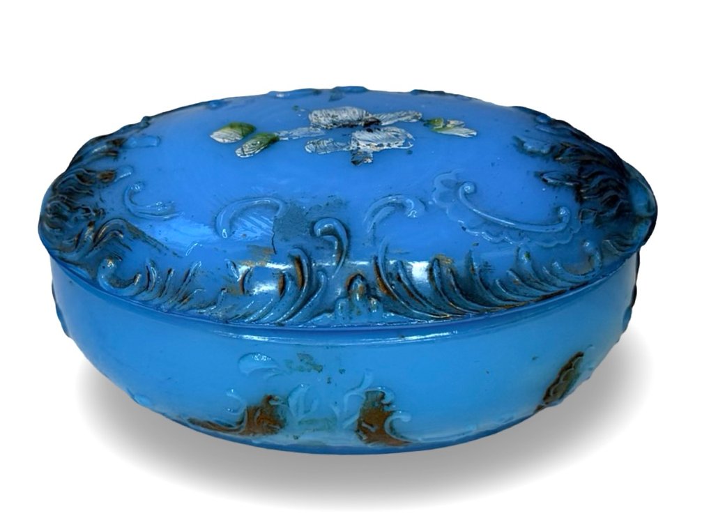 Opaque Blue Molded Glass Lidded Trinket Box