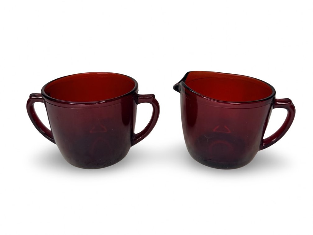 Ruby Red Glass Sugar Bowl and Creamer Set