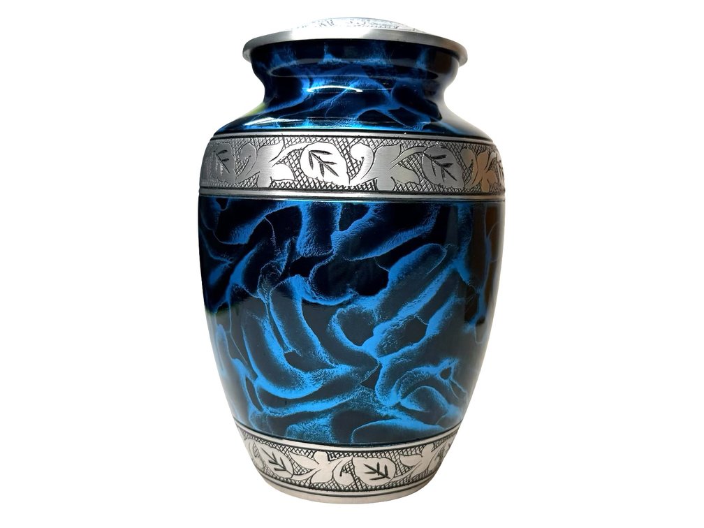 Blue Marbled Metal Cremation Urn